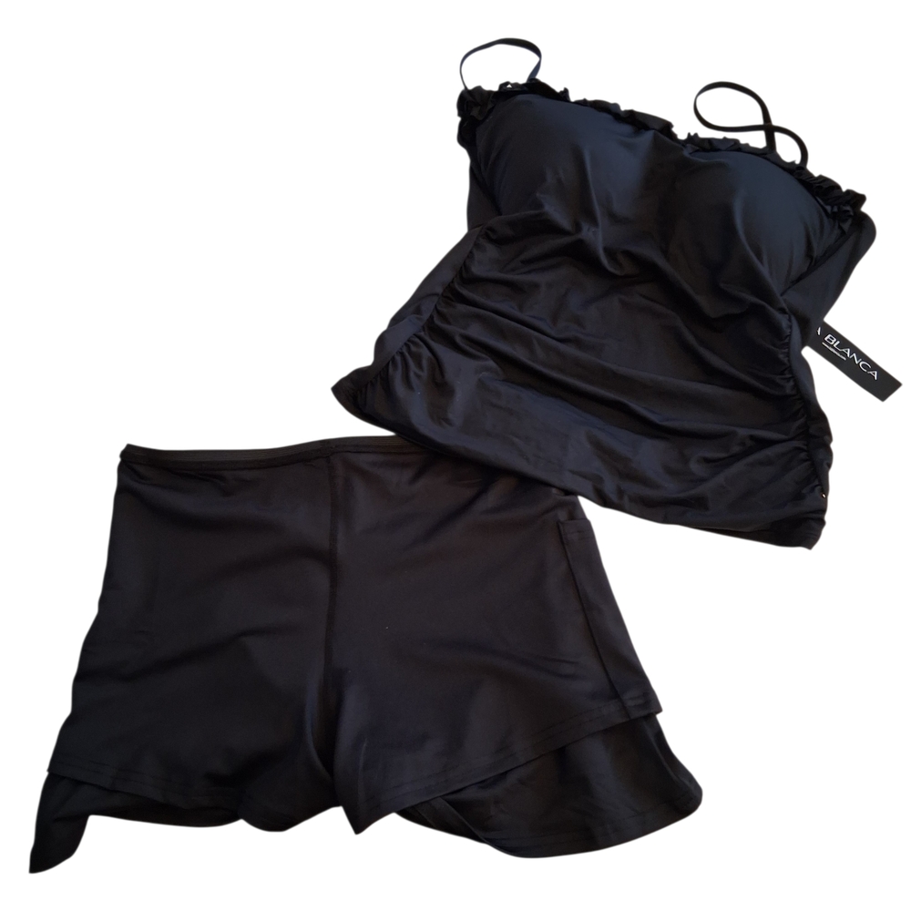 Black Ruffle-Trim Tankini & Swim Short Set by Blanca